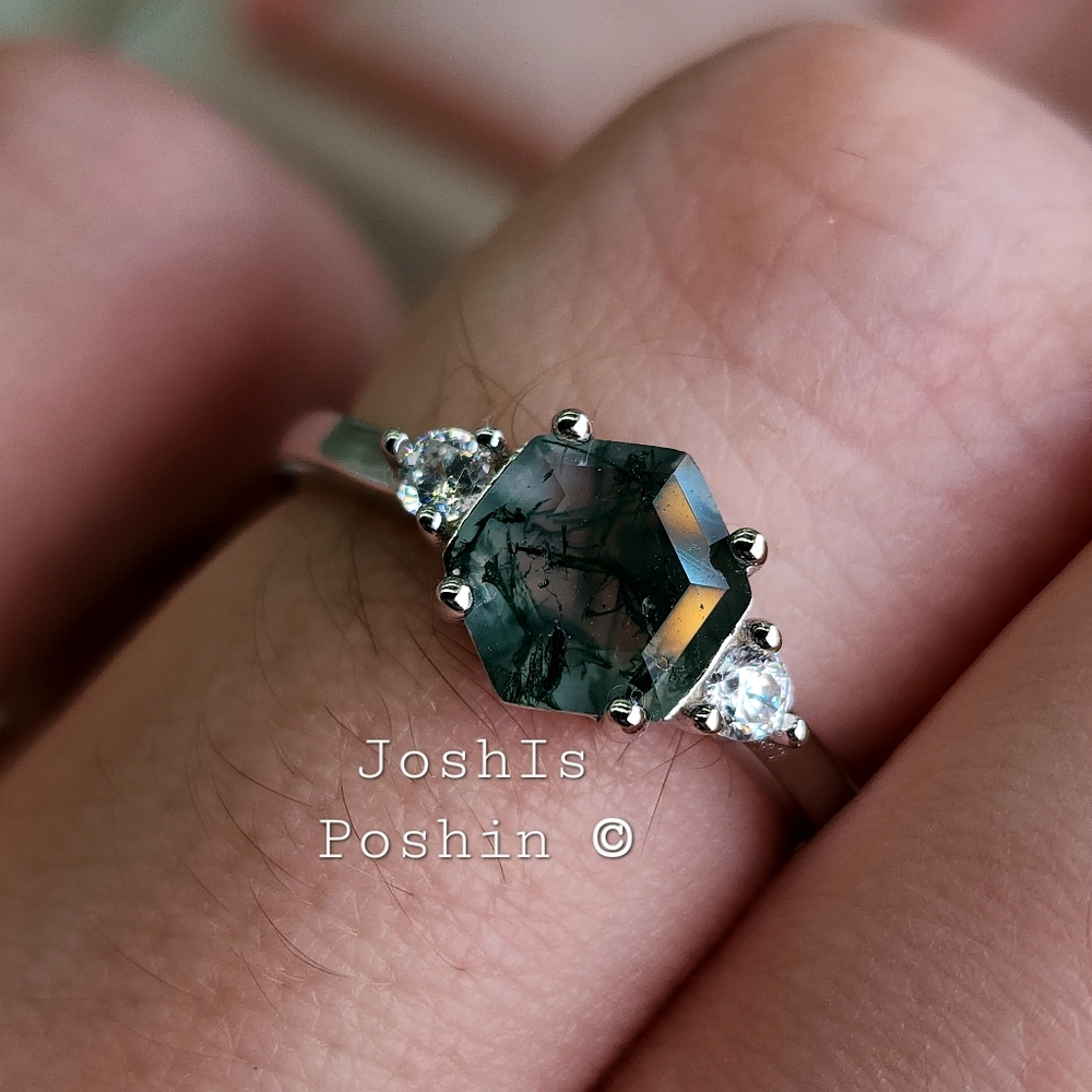 Natural Moss Agate Diamond Ring In Sterling Silver
